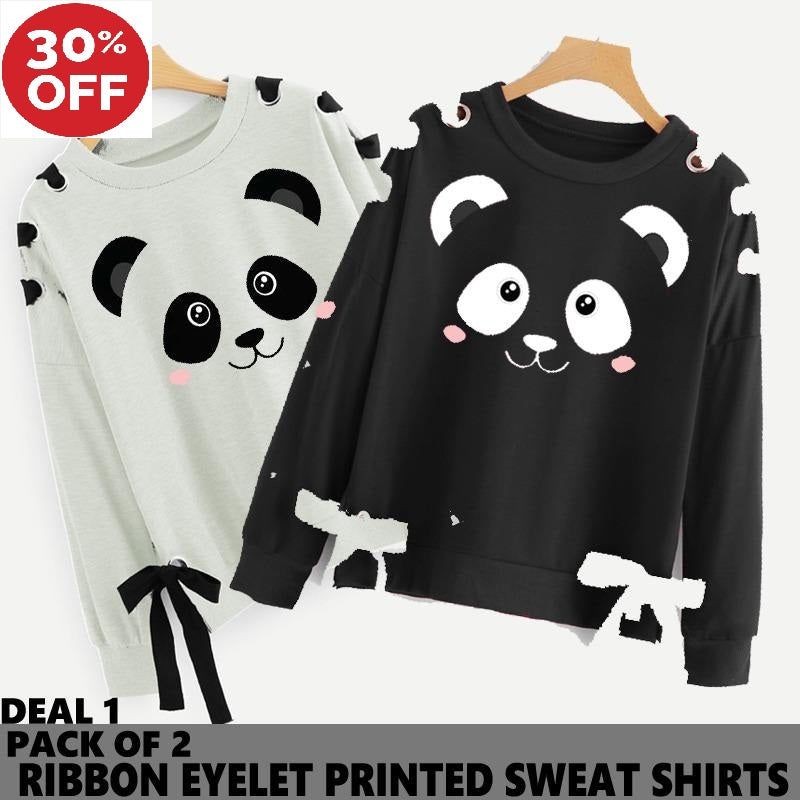 Pack of 2 Bear Printed Ribbon Eyelet Sweat Shirts (11-Eleven)