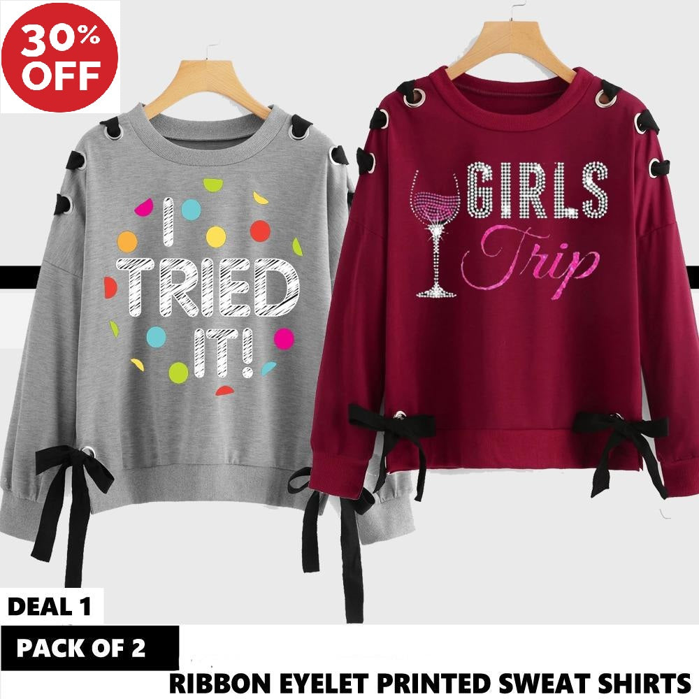 Pack of 2 Printed Ribbon Eyelet Sweat Shirts (11-Eleven)