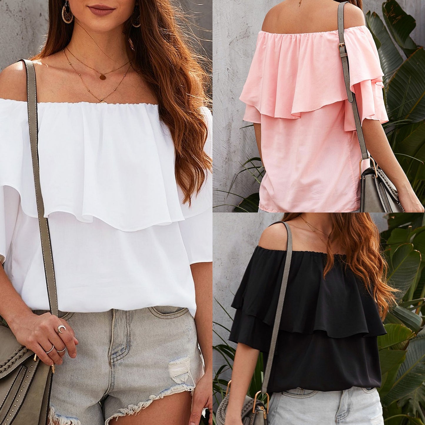 Ruffled Mid-Sleeved Off Shoulder Blouse