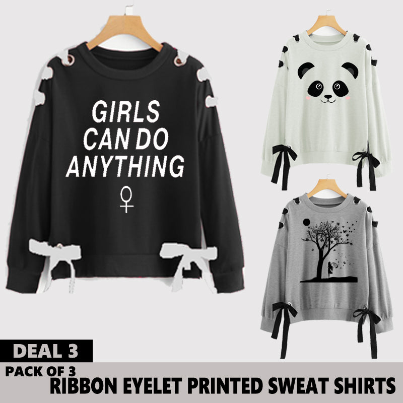 Pack of 3 Ribbon Eyelet Printed Sweat Shirts