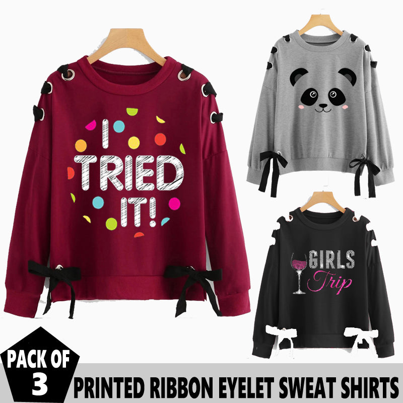 Pack of 3 Ribbon Eyelet Printed Sweat Shirts (Deal 6)