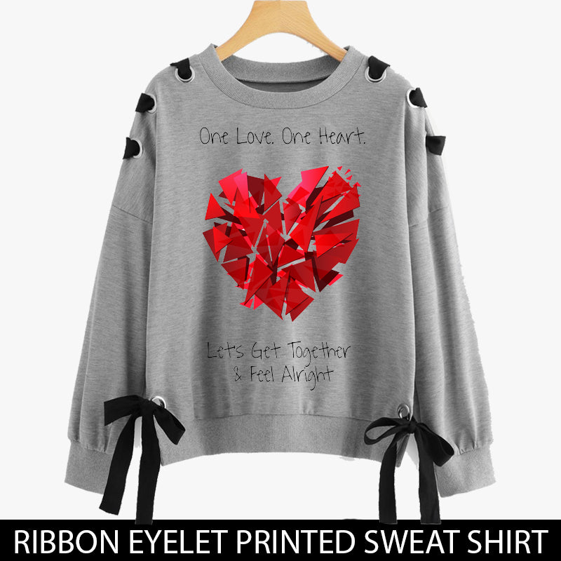 RIBBON EYELET PRINTED SWEAT SHIRTS ( ONE HEART ONE LOVE )