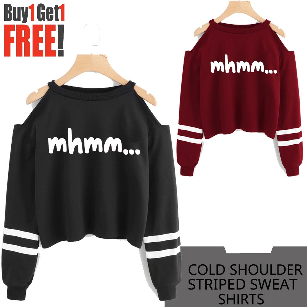 Buy 1 Get 1 Free Cold Shoulder Printed Sweat Shirts